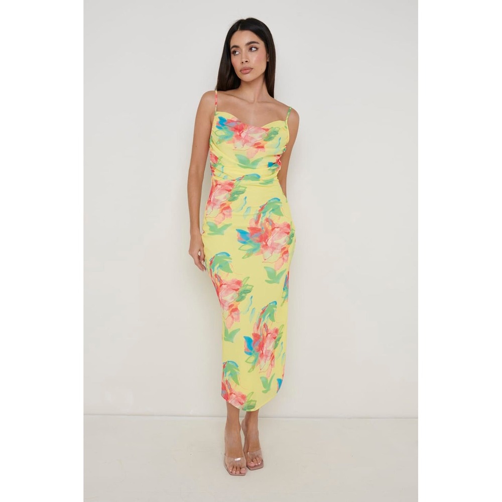 Pretty Lavish Keisha Floral Midi Dress Women 10 Yellow Cowl Neck Ruched Chiffon